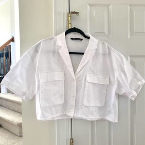 Zara White Cotton Cropped Raw Hem Utility Shirt